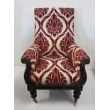 Victorian Mahogany-Framed Gents Library Armchair, with scrolled side arms, turned legs and porcelain