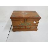 Nicely decorated Jewellery Box, multi-coloured floral inlay, hinged lid & 2 drawers below, red