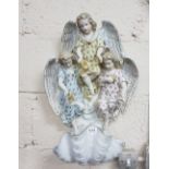 Large porcelain wall mounted Water Font, 3 angels with shell font, 36cm x 50cm h