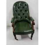 William IV bleached mahogany open Armchair upholstered in green buttoned material, raised on