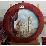 Italian "Pietro Dipinto Firenze 1887" Wall Plate in a circular velvet covered frame, 43cm dia