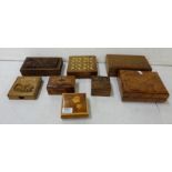 Collection of 8 various boxes with carved and inlaid decoration, oak, walnut etc, 2 boxes inlaid (