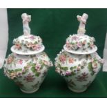 Matching Pair of ornate bulbous shaped Meissen Vases, floral ground with applied flowers with