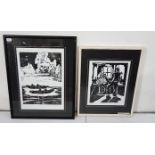 2 x Joe Sloan Etchings (both framed) - Dancing Man, Aran - No 3/25, Signed & Titled, 25x20 (frame