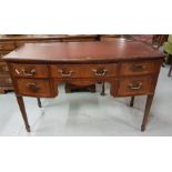 A bowfront mahogany writing table with red inlet top & 2 frieze drawers, 48" wide