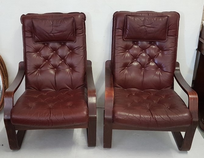 Matching pair of beech framed 1980s Fireside Chairs, red buttoned seats and backs