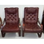 Matching pair of beech framed 1980s Fireside Chairs, red buttoned seats and backs