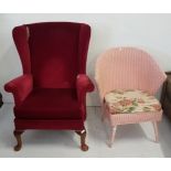 Red Velvet Upholstered Armchair & a Lloyd Loom “Lusty” Armchair (2)