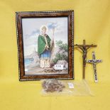 Religious items – 2 x antique Pectoral Crosses, 1 x Rosary beads & a framed print of St Patrick