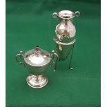 Small silver trophy shaped urn with handles, 3 apertures 10cm h & a sterling silver (.925) cone