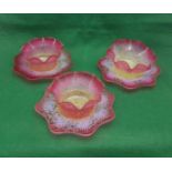 Matching set of 3 Victorian finely blown cranberry glass Jam Dishes, scallop shaped rims, each
