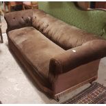 Victorian Roll Back Settee, upholstered with brown velour fabric, on round mahogany legs, modern
