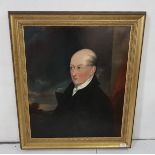 19th C Oil on Canvas, Portrait of a gentleman wearing a white cravat and black frock coat in an