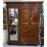 Edwardian mahogany crossbanded & inlaid wardrobe, 2 short & 3 long drawers with brass ring handles,