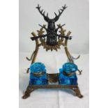 Continental gilt Metal Table Inkstand, mounted with deer head, fitted with 2 glass inkwells, 20cm