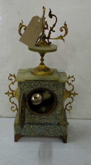 Green Marble/Alabaster ornate Mantel Clock with enamel face with scrolled metal finials, on paw - Image 2 of 2