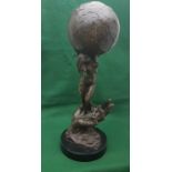 Patinated Bronze Sculpture of a Naked Woman, holding a World Globe and supported on a opened hand,
