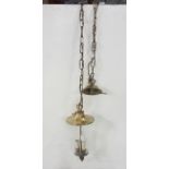 Gilt brass and glass hall lantern, long brass ring chain