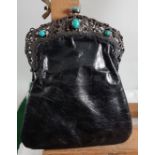 Victorian metal mounted soft black leather belt Purse, with 7 small turquoise decorative stones,