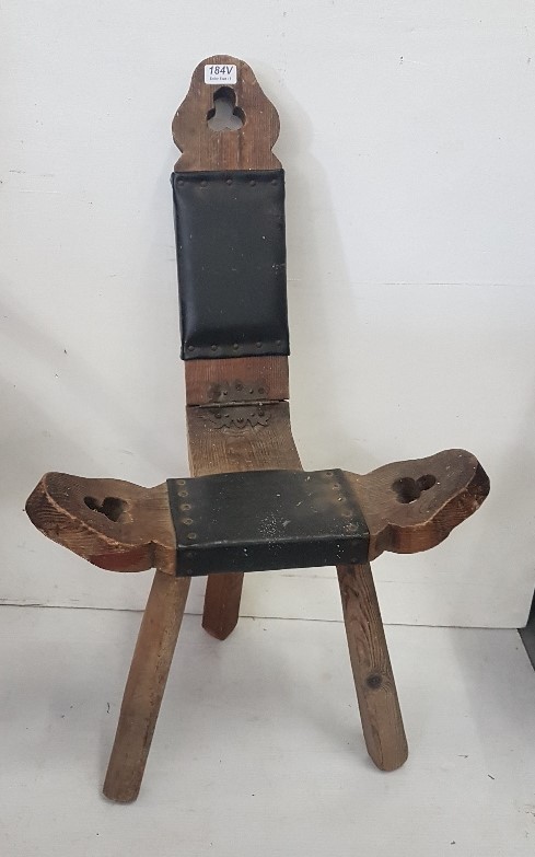 19thC Oak Spinning Wheel Chair, decorated with 3 shamrock designs, with a fold-down and padded