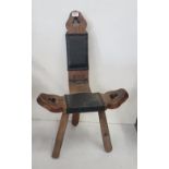 19thC Oak Spinning Wheel Chair, decorated with 3 shamrock designs, with a fold-down and padded