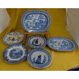 3 x Pairs of Plates – 19th C blue & white transfer printed Willow pattern Meat Dishes, pair of