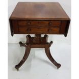 William IV mahogany drop flap pedestal Work Table, fitted 2 drawers, raised on a turned column