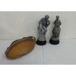 2 x Tall Spelter Figures, farming couple, each 48cm high and a plated tray (3)