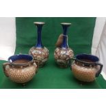Pair of Doulton Slaters stoneware narrow neck Vases with a pair of Doulton 3 handled stoneware
