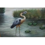 J WOOD, "Heron in a Pond" Oil on Canvas, signed, 55 x 90cm
