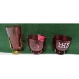 A pair of Cranberry Glass Fingerbowls – one featuring HIS and a small Cranberry Glass Goblet (chips