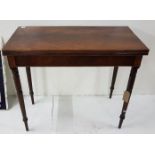 Early 19th C mahogany Fold Over Tea Table on 4 turned legs, moulded rims, 91cm w x 77cm h