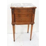 19thC French Marquetry Walnut Pot/Side Cabinet, red and grey veined marble top, a single drawer