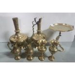Collection of Indian benaries brassware – 3 pairs vases & a stand (7)