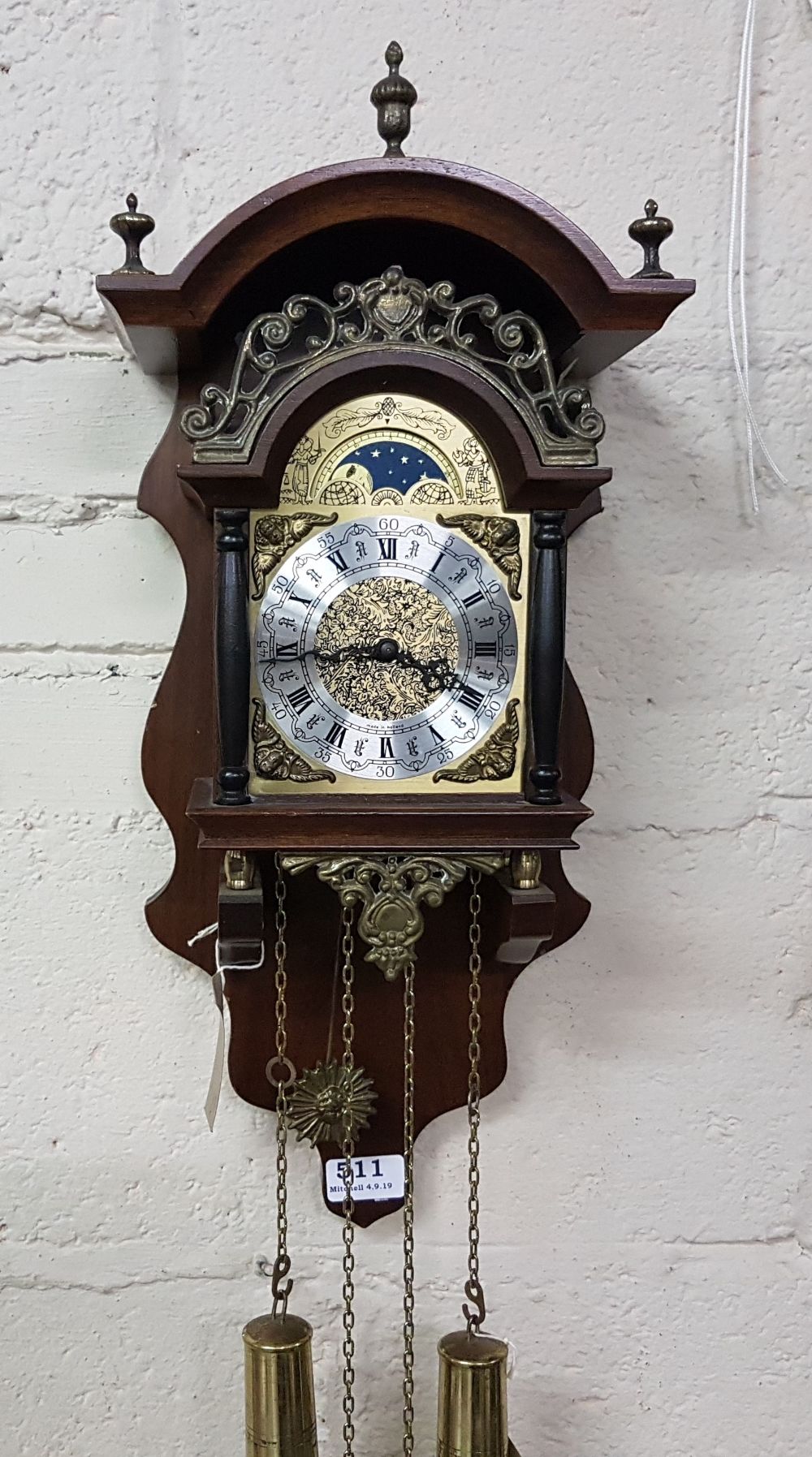 Dutch reproduction two train cuckoo-type wall clock, brass weights (working)