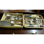 Quantity of various silver plated cutlery in 2 trays, including a 19th century silver collared crumb