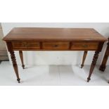 19th C style inlaid mahogany Side Table, fitted 3 drawers, raised on turned supports, 75cm h x 119cm