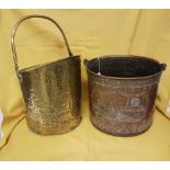 2 coal scuttles (one brass, one copper) with carrying handles (2)