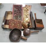 Antique wooden Alms Box, mallet with handle, colander & a modern decoy Duck, also 8 x Oriental