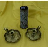 Pair of brass Chamber Candle Sticks & a brass Shell Case stamped "April 1917", impressed oak tree