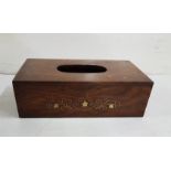 Rosewood Tissue Box, floral brass inlay, 28cm wide