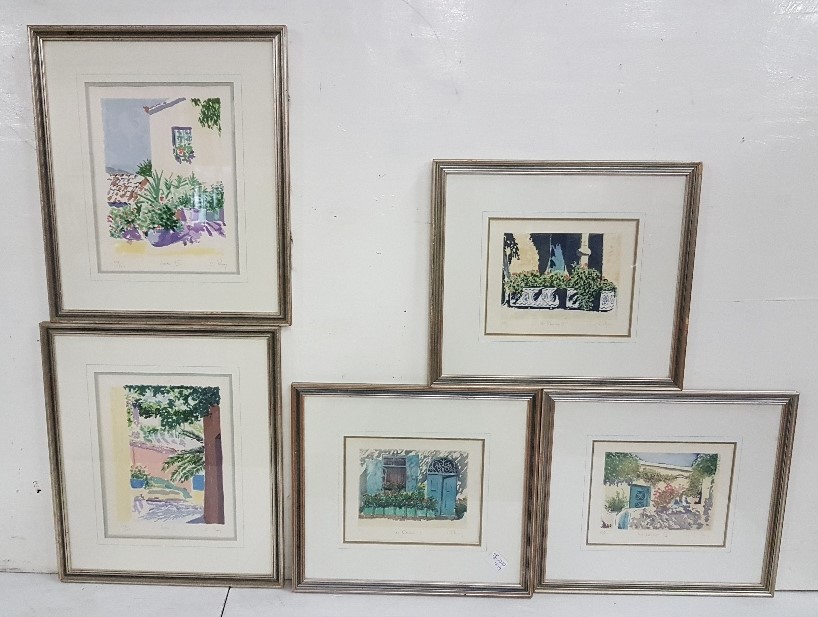 Set of 5 Spanish Prints, in similar blue painted frames (5)