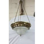 Brass Ceiling Light, in the Romanesque style, 3 arms supporting a cameo glass shade