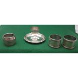 Italian Silver Egg Cup on plinth (800), stamped “Marta” & 3 silver napkin rings incl. 1 pair,