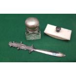 Glass inkwell with Italian silver (800) hinged lid, an ink blotter with initials MVPF on knob (