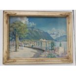 GROOM – Pastel, 35 x 48, in a cream ornate frame – Figures at an Italian Lakeside