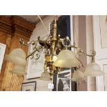 Late 19th C large Gothic Design solid Brass Chandelier, with 6 branches and glass shades , 30cm h x
