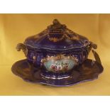 Modern floral decorated blue pottery Tureen with cover (35cm wide) & stand & metal handles