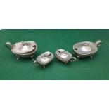 Set of 4 Italian Silver Condiments / Mustard Pots, all with hinged lids and handles, on raised