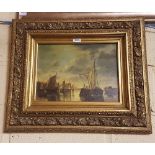 Reproduction Oil on Board – Ships, in an ornamental gold frame 66 x 59 & a modern ship picture (2)